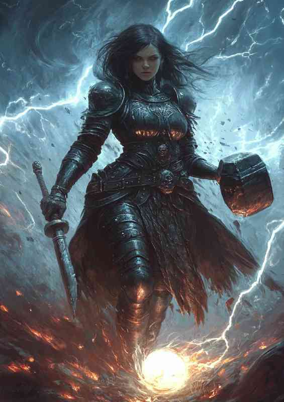 Fantast female warrior holding club hammer | Di-Bond