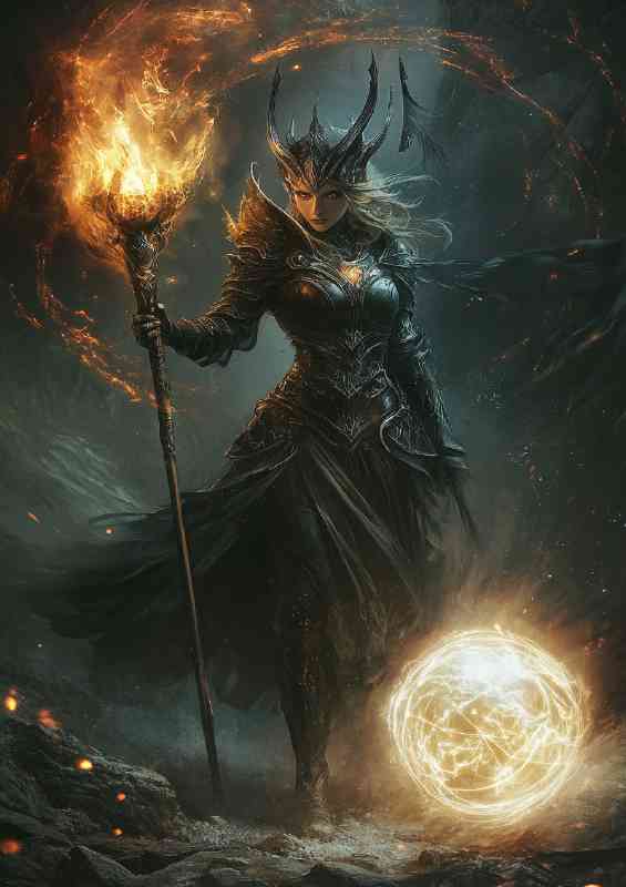 Fantasy dark lady warrior with fire | Canvas