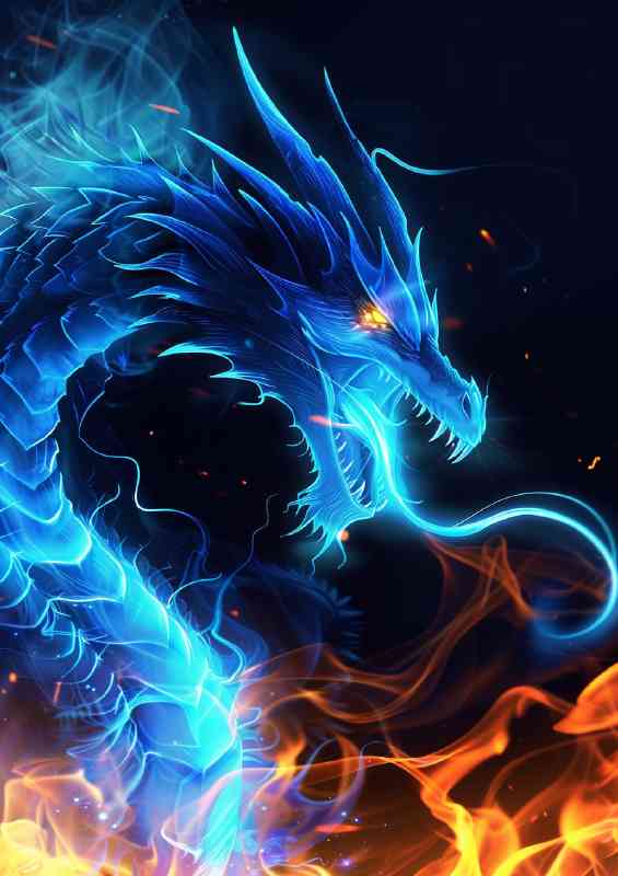 Glowing light blue scales dragon fire | Metal Poster