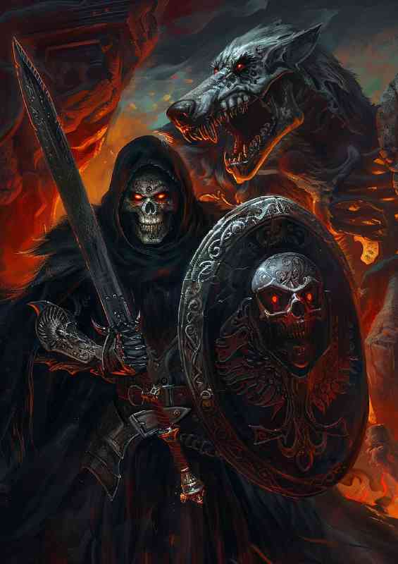 Grim reaper holding up an ornate shield | Poster