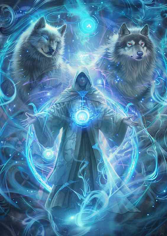 Male wizzard with two white wolves | Di-Bond