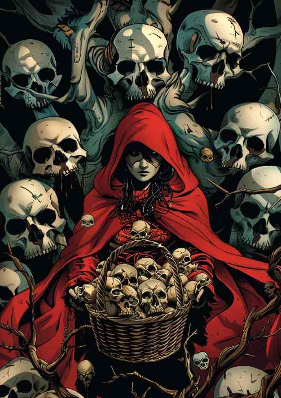 Red cape lady with basket of skulls | Poster