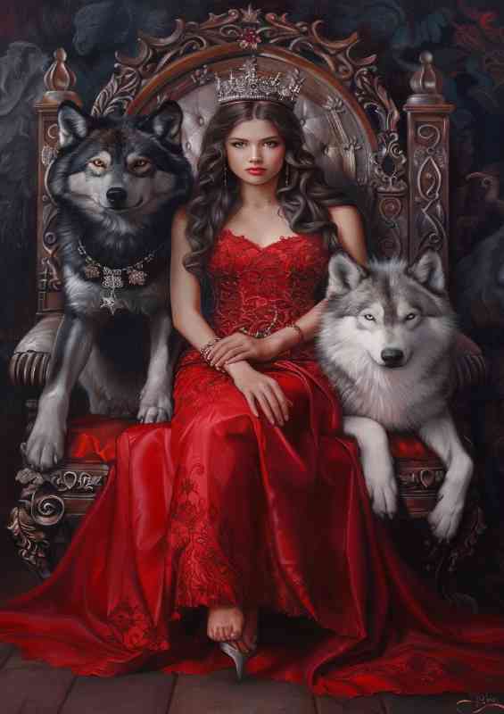 Red dress sitting with wolves | Di-Bond
