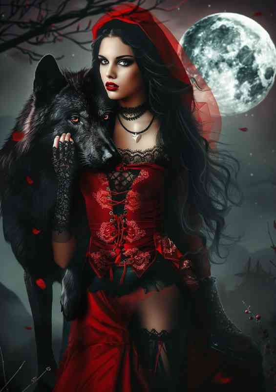 Red riding hood in black with wolf | Poster