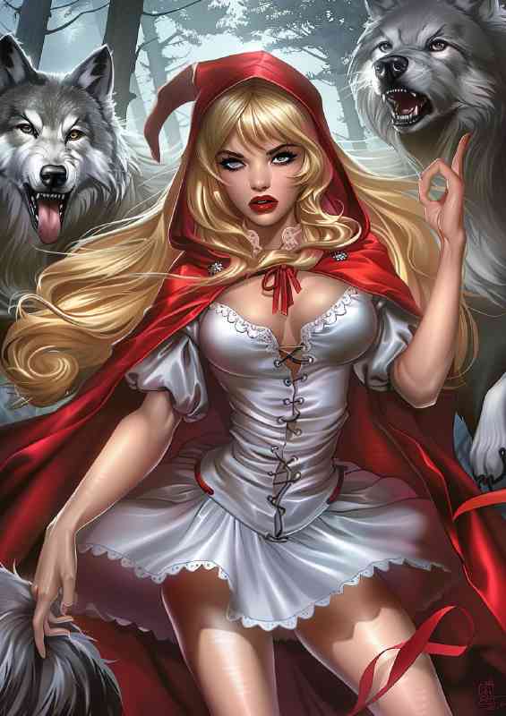 Red riding hood in white dress with wolfs | Di-Bond