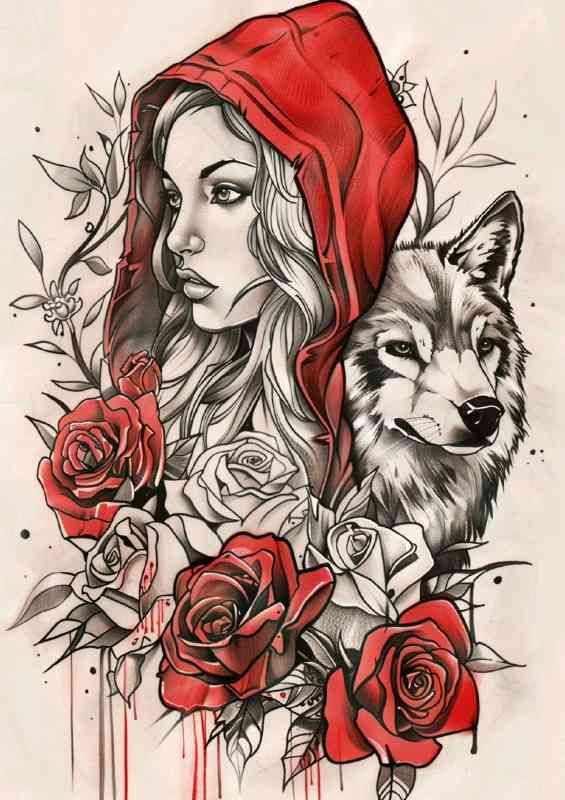 Red riding hood with roses | Metal Poster
