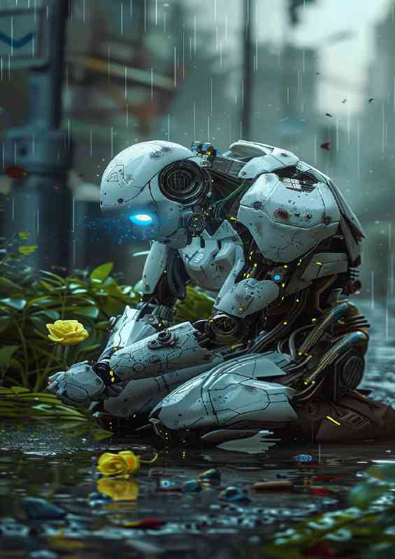 Robot feeding his yellow rose | Metal Poster