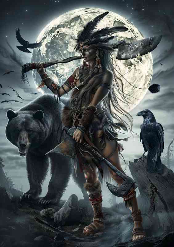 Shaman woman with long hair and wolf feathers | Canvas