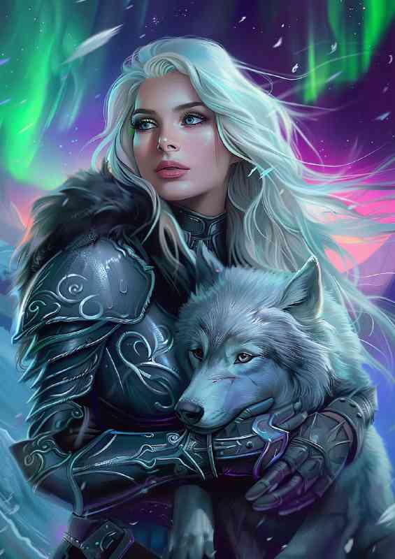 Silver wolf and the aurura | Metal Poster