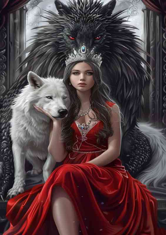 The lady and the black and white wolfs | Metal Poster