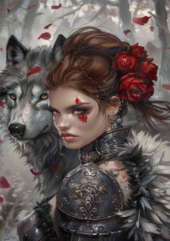 WOman with roses in hair and white wolf | Metal Poster