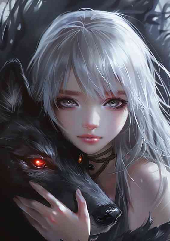White haird girl black wolf | Metal Poster