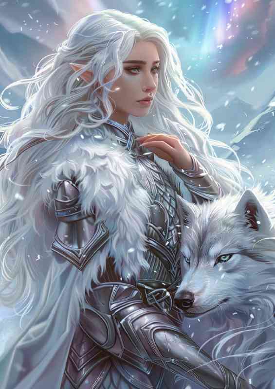 White pixy with protective wolf | Metal Poster