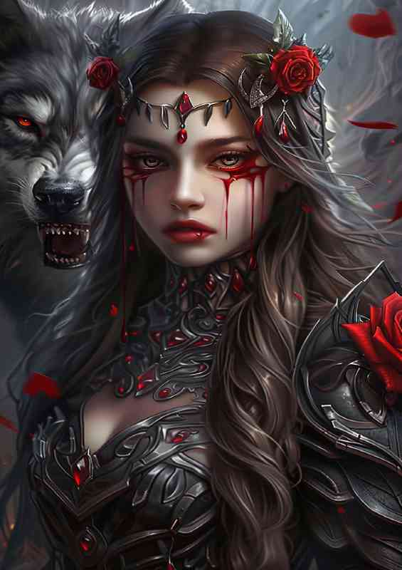 Wolf protector over lady with roses | Metal Poster