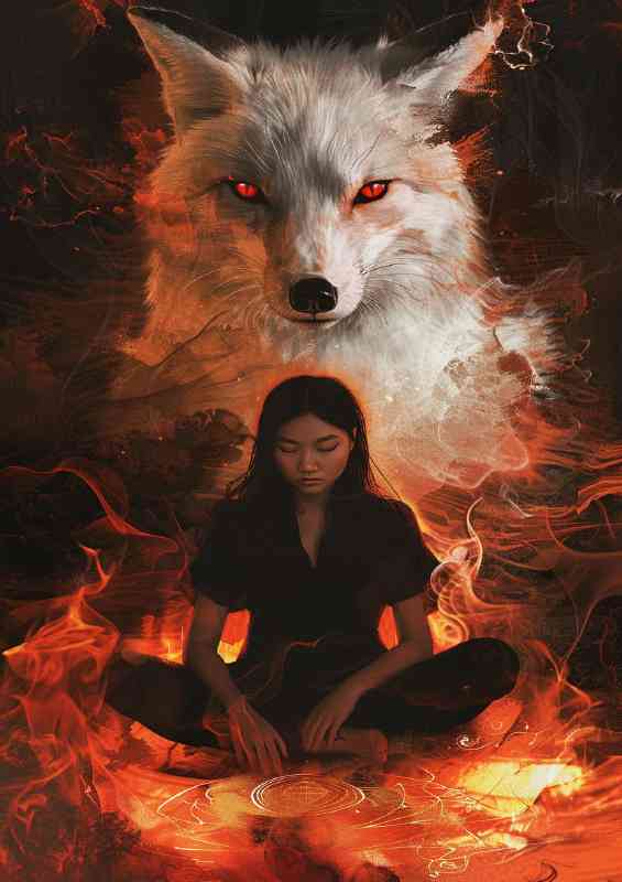 Woman sits crosslegged with wolf protector | Canvas
