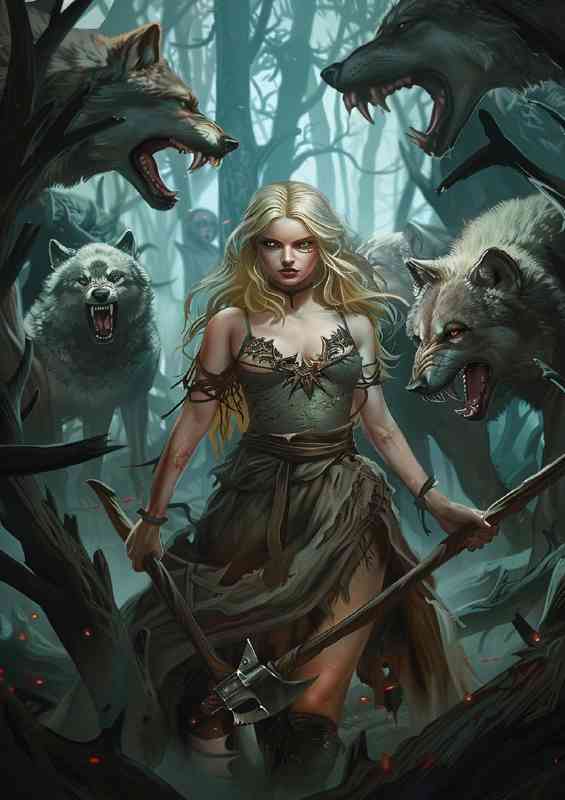 Woman surrounded by wolves | Metal Poster