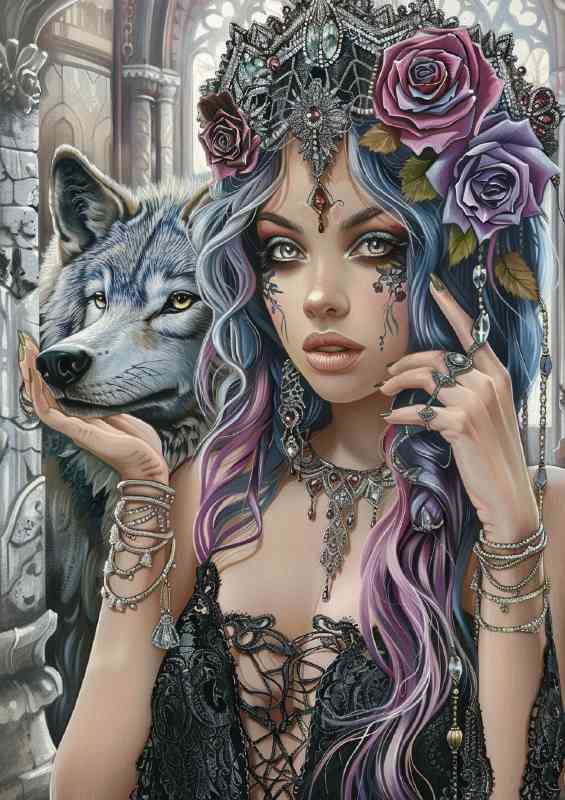 Woman with roses in hair and grey wolf | Di-Bond