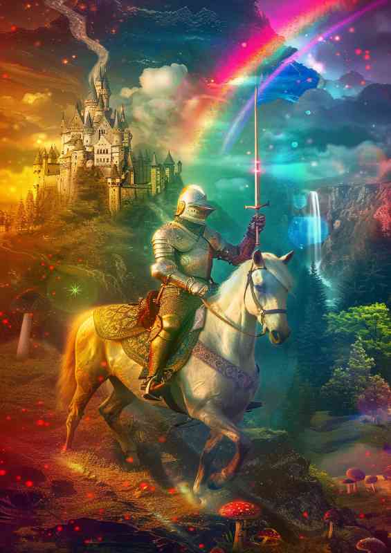 knight in armor rides his white horse | Poster