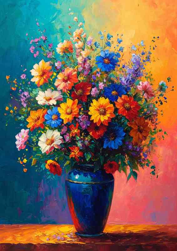 Blue vase and multi coloured flowers | Poster