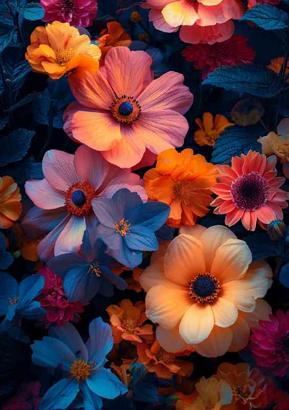 Colourful arrangment of multi flowers with light | Poster
