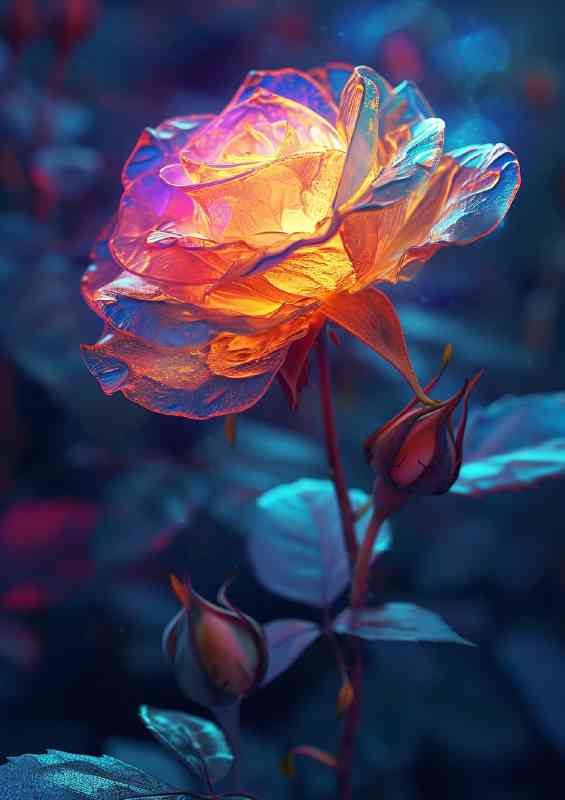 Colourful rose glowing at night | Metal Poster