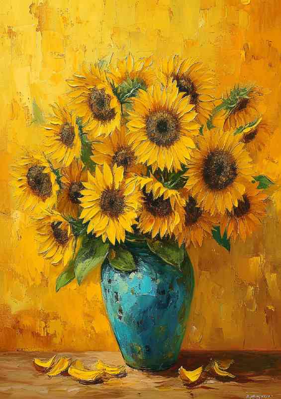Oil painting of sunflowers and petles | Metal Poster