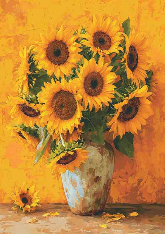 Painted vase of sunflowers in bloom | Metal Poster
