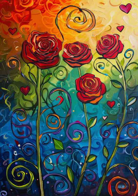 Red roses long stems painted | Canvas