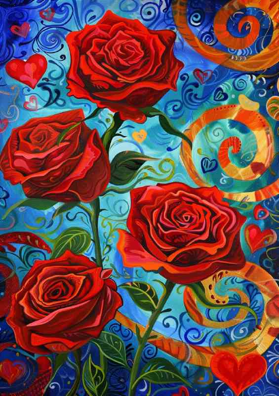 Red vibrant roses painted style | Poster