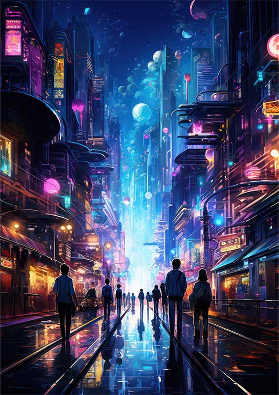 Technoir Tales cyber city with people | Canvas