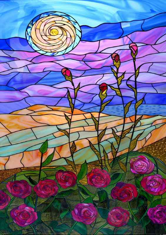 Stained glass art full rose field | Metal Poster