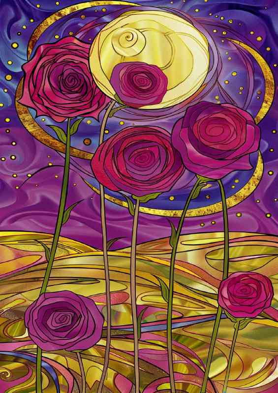Stained glass red rose field | Metal Poster