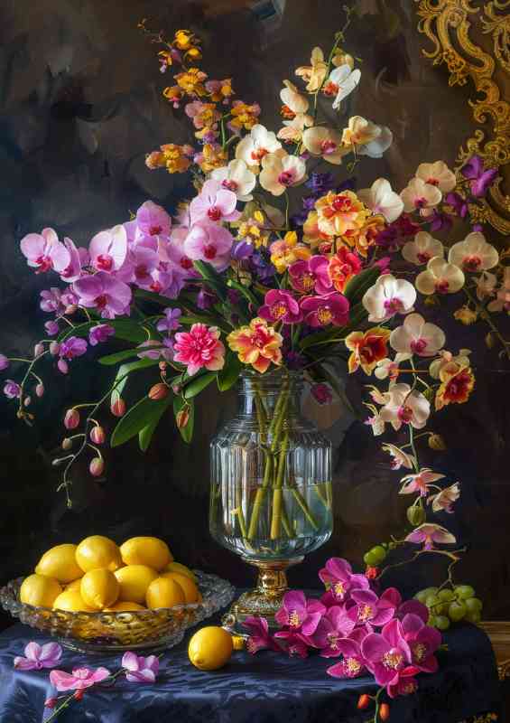 Still life vase of orchids and flowers | Metal Poster