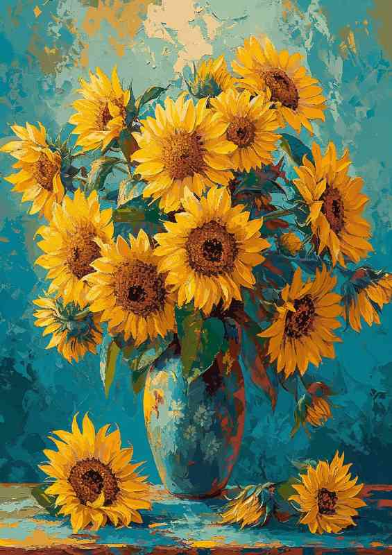 The oil painting of sunflowers blue background | Poster