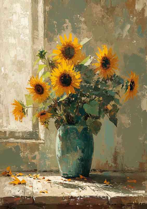 Vase in painted sunflowers daylight | Metal Poster