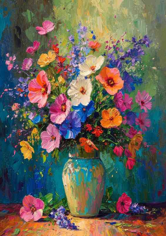 the painted vase of colourful burst of flowers | Canvas