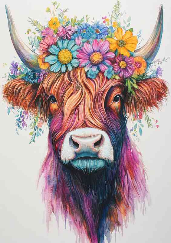 Highland cow daisy with flowers | Poster