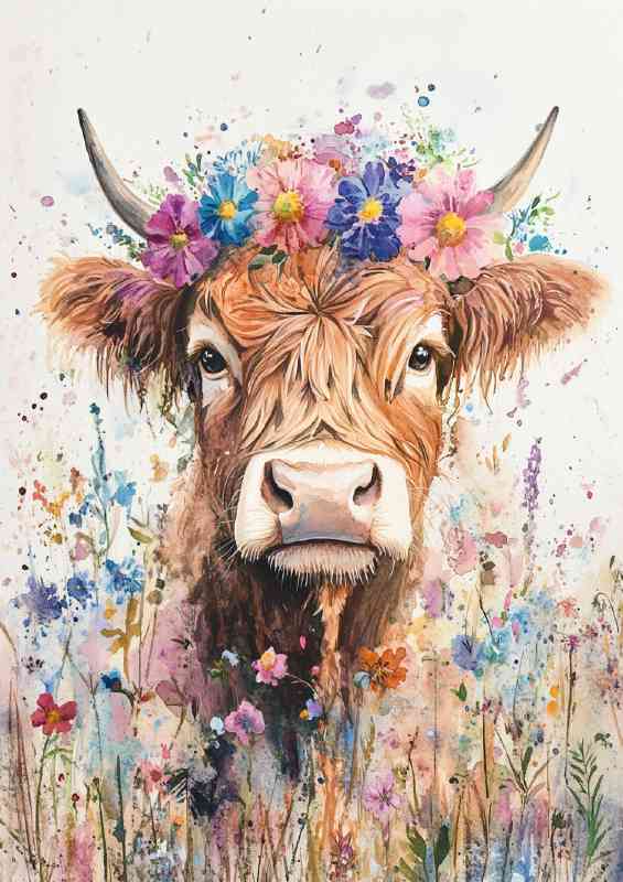 Highland cow in a daisy field and flowers | Metal Poster