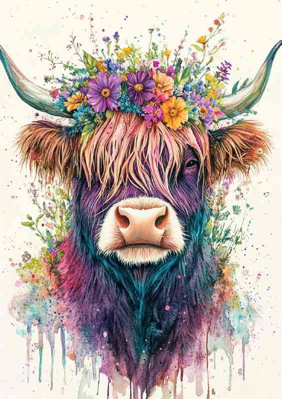 Highland cow mary with flowers watercolour style | Poster