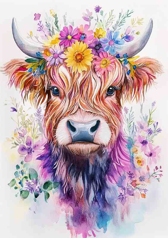 Highland cow watercolours with flowers | Poster