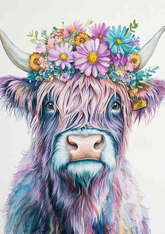 Highland cow with wildflowers light colours | Poster