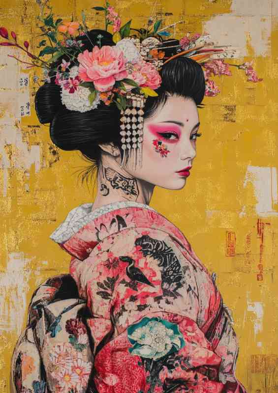 Japanese geisha with tattoos and flowers | Poster