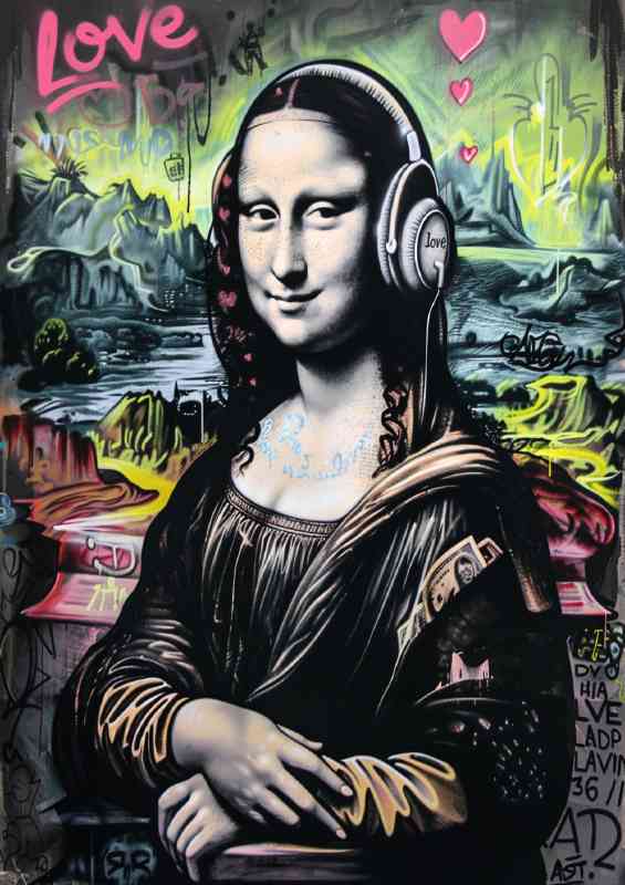 Mona Lisa wearing headphones with graffiti | Metal Poster