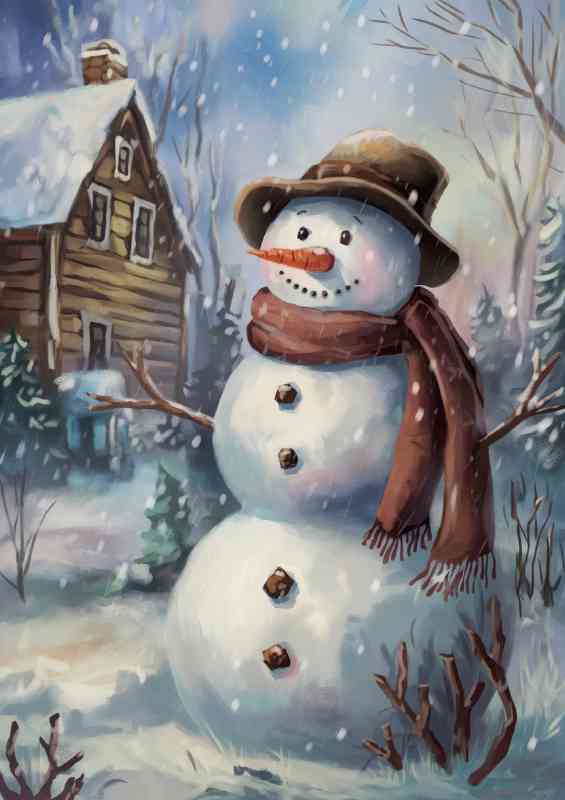 The cheerful snowman in winter | Canvas