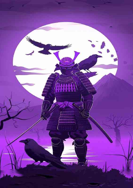 Purple samurai surrounded b y birds | Metal Poster