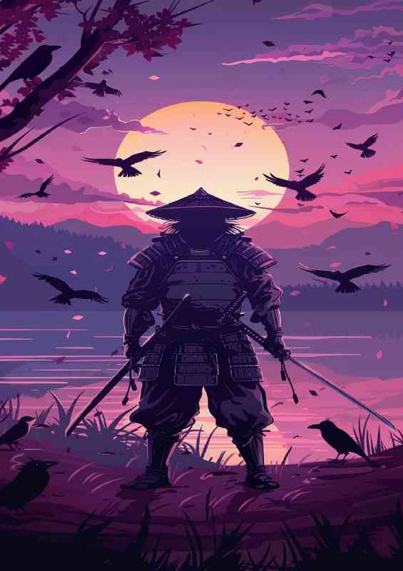 Samurai standing in front of the river | Metal Poster