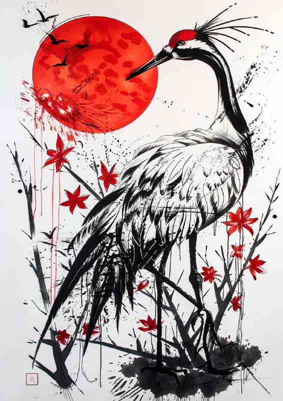 Crane red sun in background black and white | Metal Poster