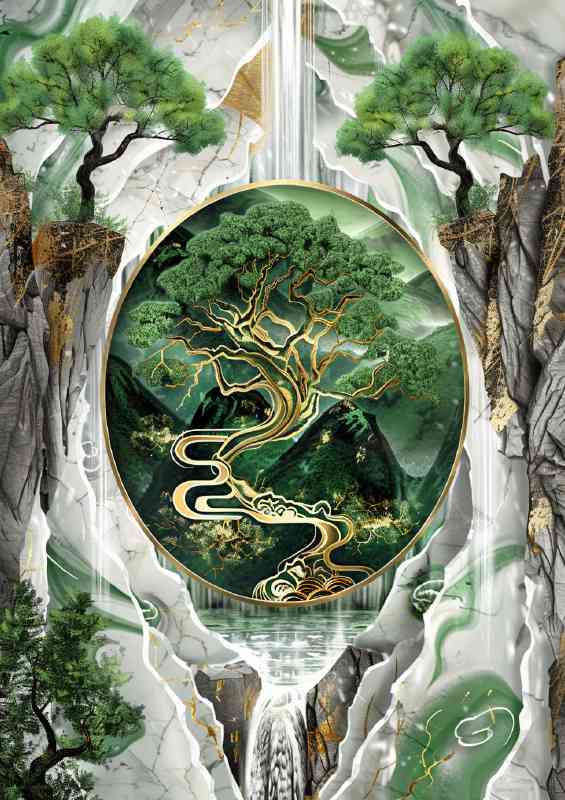 Green tree of life with gold accents | Metal Poster
