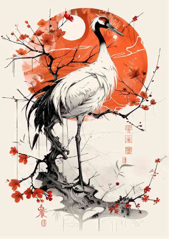 Lively Crane red sun | Di-Bond