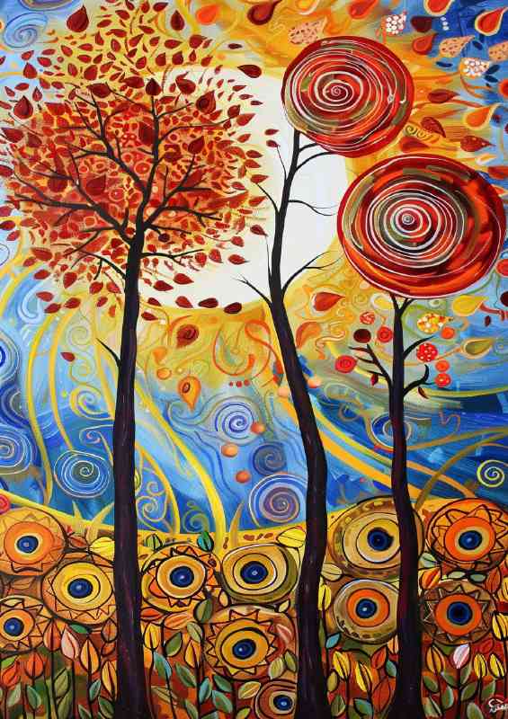 A painting of trees with red leaves and the sun | Metal Poster